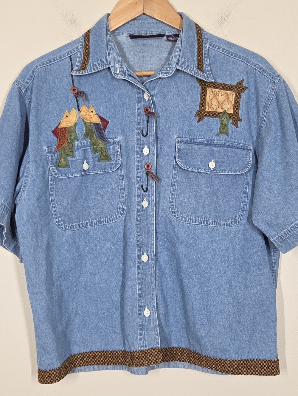 Vtg 90s Y2K Champa Studio Gone Fishin Fish Denim Button Up L Grannycore Cabin